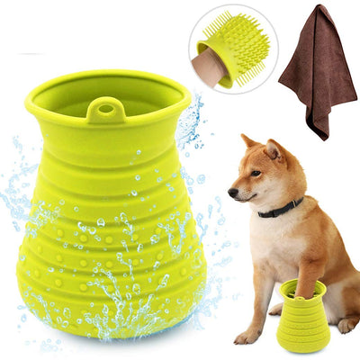 Muddy Paw Cleaner Cup with Towel — 2-in-1 Silicone Paw Washer & Grooming Brush