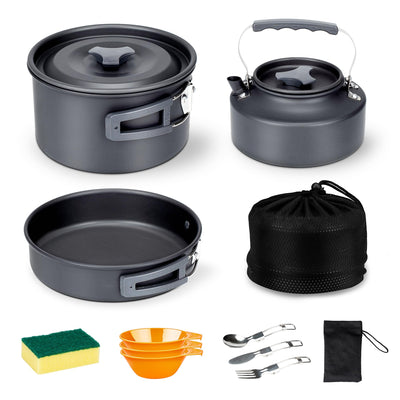 Camping Cookware Set — 1.7L Pot, 1L Kettle & 7