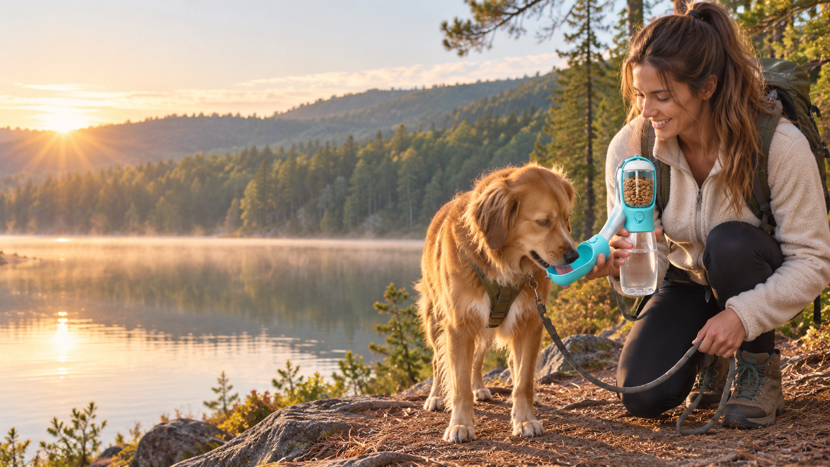 Pet owner giving a dog water beside a lake on a wooded trail