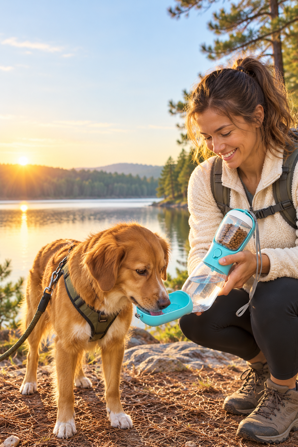Pet owner giving a dog water beside a North Carolina lake at sunrise